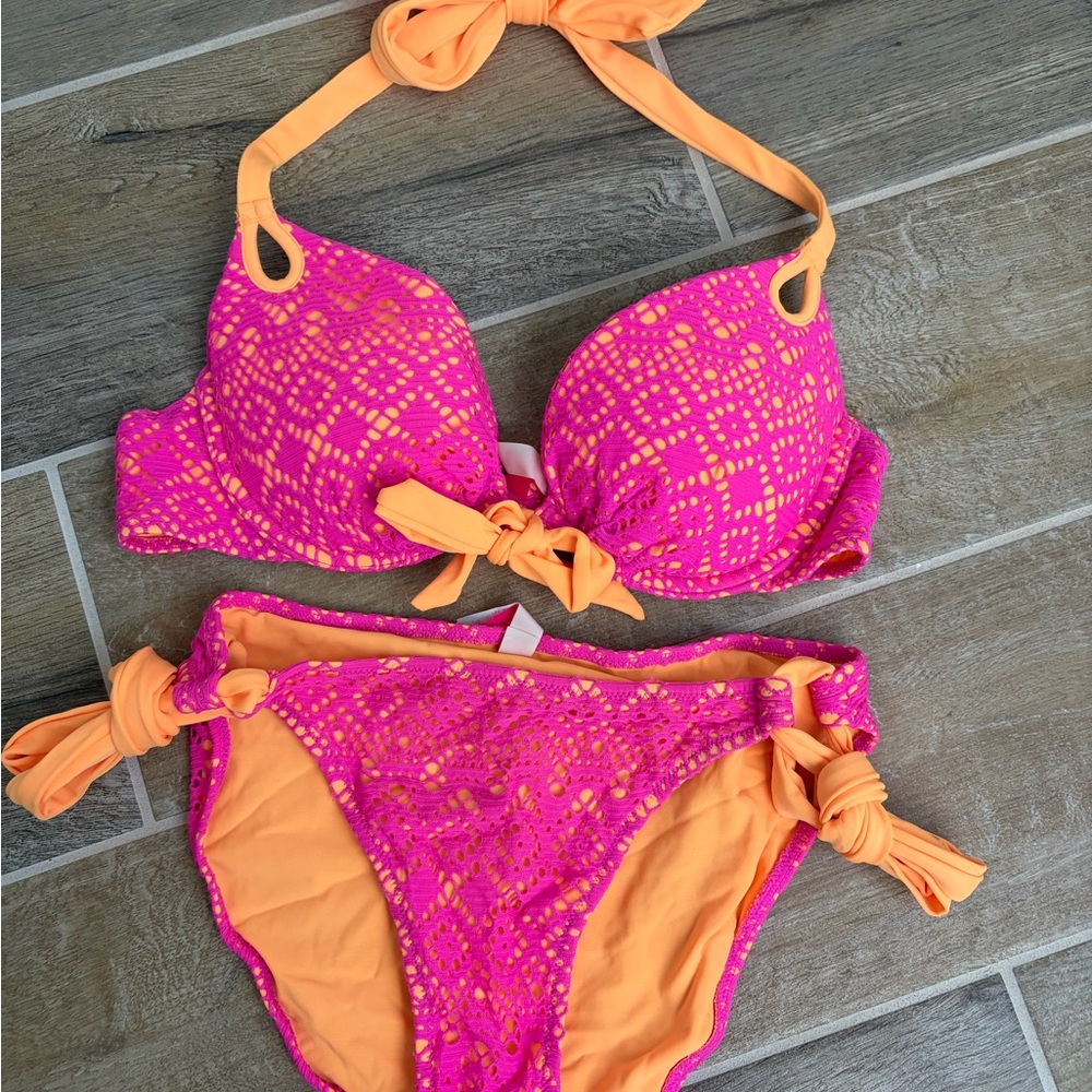 Victoria's Secret Pink and Orange Crochet Bikini Set